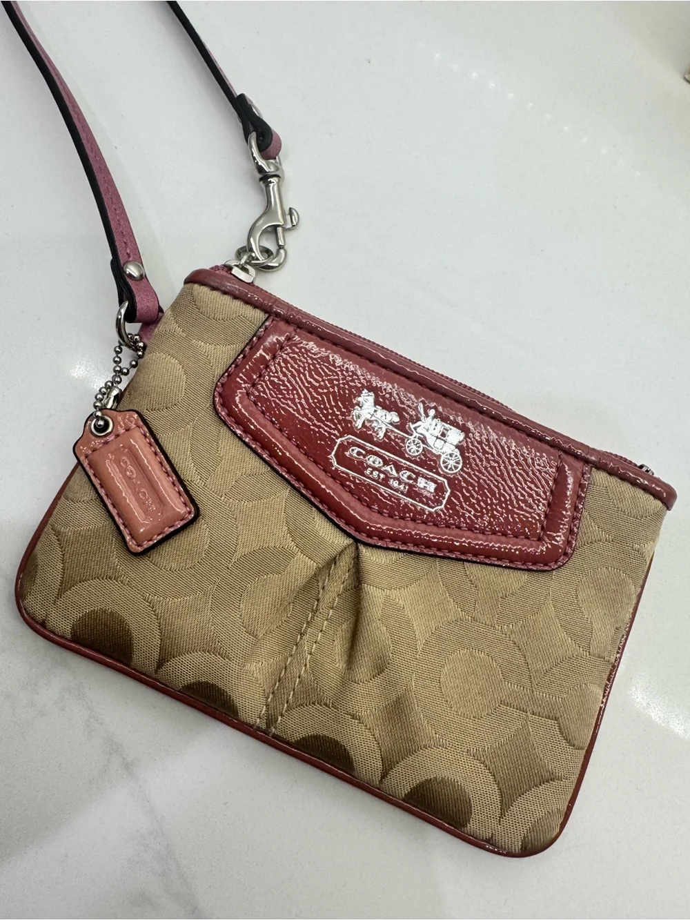 Coach Tan Signature Canvas Wristlet with Burgundy Trim